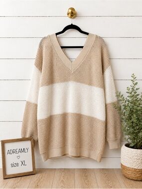🤍 Waffle Knit Color Block V-Neck Sweater XL Cozy Neutral Beige Cream